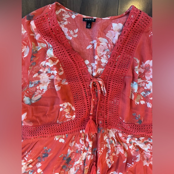 Torrid Floral Boho Crochet Peplum Blouse 2 – Bell Sleeves, Tie Front, Rayon - Picture 5 of 5